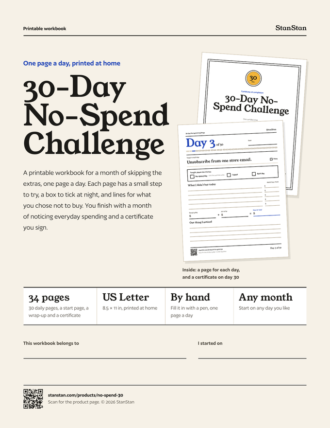 Cover of the 30-Day No-Spend Challenge printable workbook. It shows a daily page and the certificate, and lists 34 pages on US Letter.